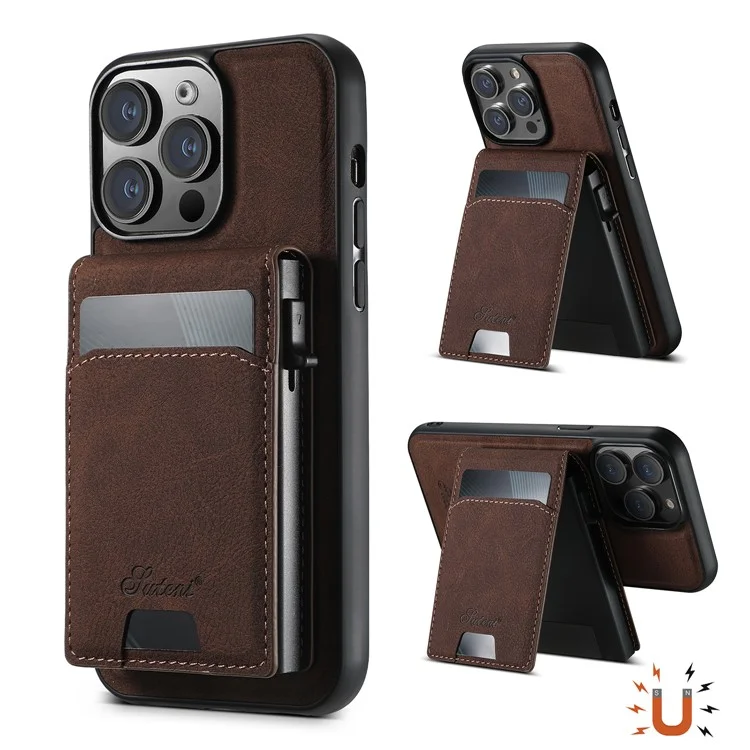 SUTENI H19 para iPhone 13 Pro Max Capa Magnética com Porta-cartões e Suporte, Textura de Couro Estilo Lichia - Marrom