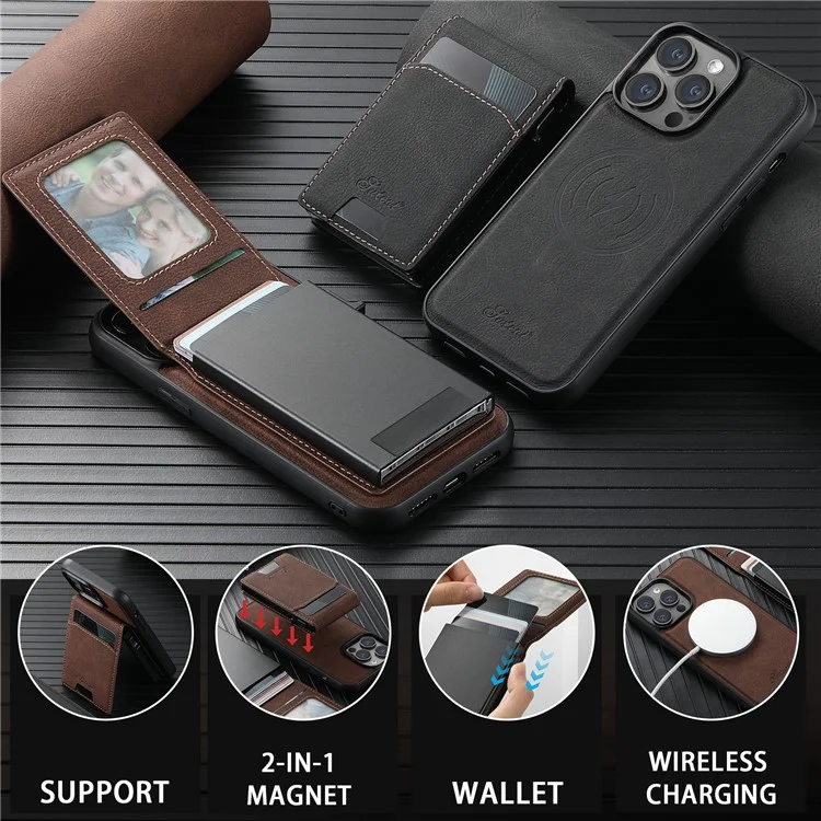 SUTENI H19 para iPhone 13 Pro Max Capa Magnética com Porta-cartões e Suporte, Textura de Couro Estilo Lichia - Marrom