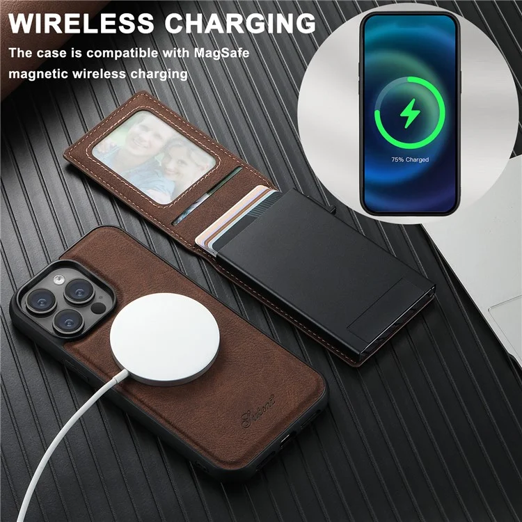 SUTENI H19 para iPhone 13 Pro Max Capa Magnética com Porta-cartões e Suporte, Textura de Couro Estilo Lichia - Marrom