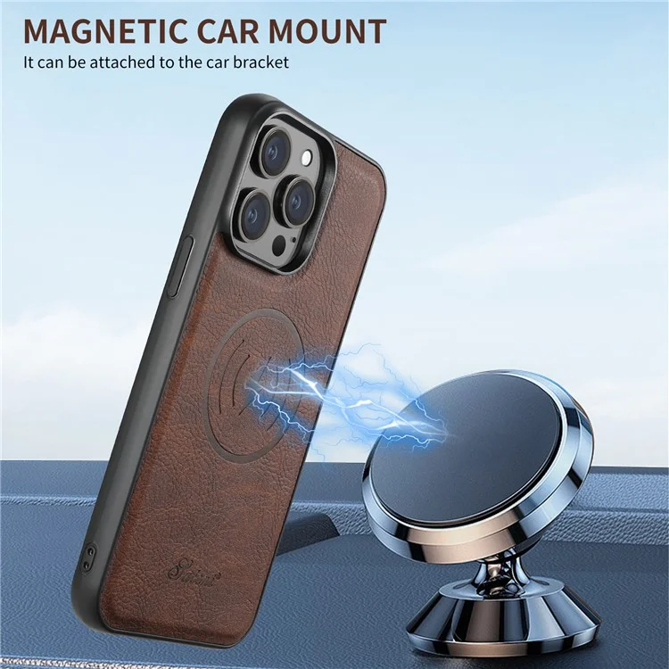 SUTENI H19 para iPhone 13 Pro Max Capa Magnética com Porta-cartões e Suporte, Textura de Couro Estilo Lichia - Marrom