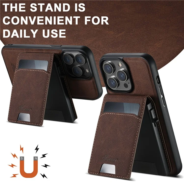 SUTENI H19 para iPhone 13 Pro Max Capa Magnética com Porta-cartões e Suporte, Textura de Couro Estilo Lichia - Marrom