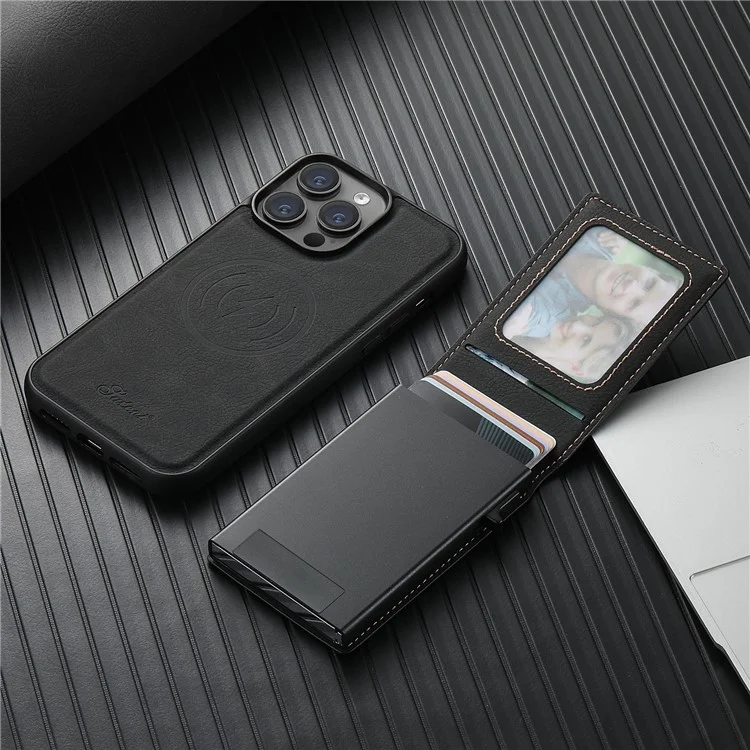 SUTENI H19 para iPhone 13 Pro Capa Magnética com Porta-cartões, Suporte de Apoio e Textura de Couro Estilo Lichia - Preto