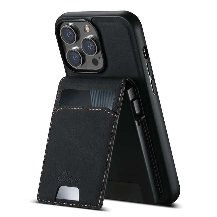 SUTENI H19 para iPhone 13 Pro Capa Magnética com Porta-cartões, Suporte de Apoio e Textura de Couro Estilo Lichia - Preto