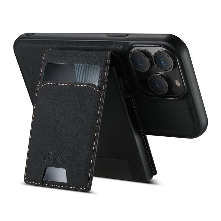 SUTENI H19 para iPhone 13 Pro Capa Magnética com Porta-cartões, Suporte de Apoio e Textura de Couro Estilo Lichia - Preto