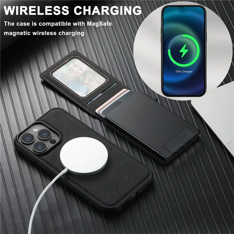 SUTENI H19 para iPhone 13 Pro Capa Magnética com Porta-cartões, Suporte de Apoio e Textura de Couro Estilo Lichia - Preto