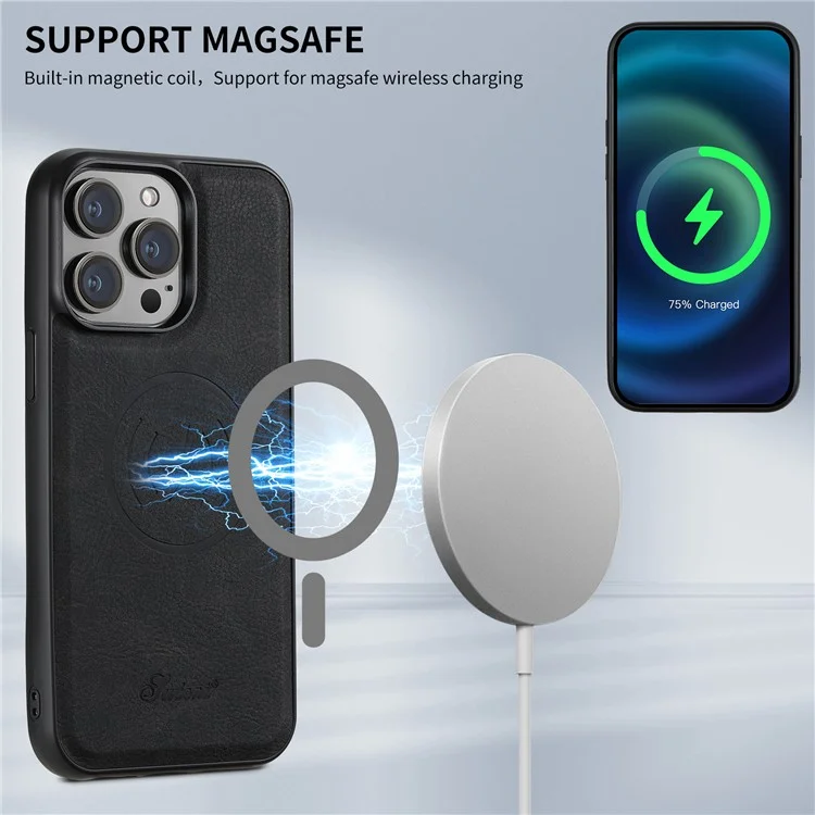 SUTENI H19 para iPhone 13 Pro Capa Magnética com Porta-cartões, Suporte de Apoio e Textura de Couro Estilo Lichia - Preto
