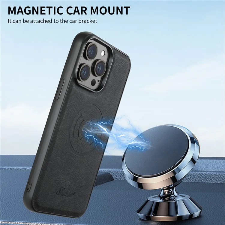 SUTENI H19 para iPhone 13 Pro Capa Magnética com Porta-cartões, Suporte de Apoio e Textura de Couro Estilo Lichia - Preto