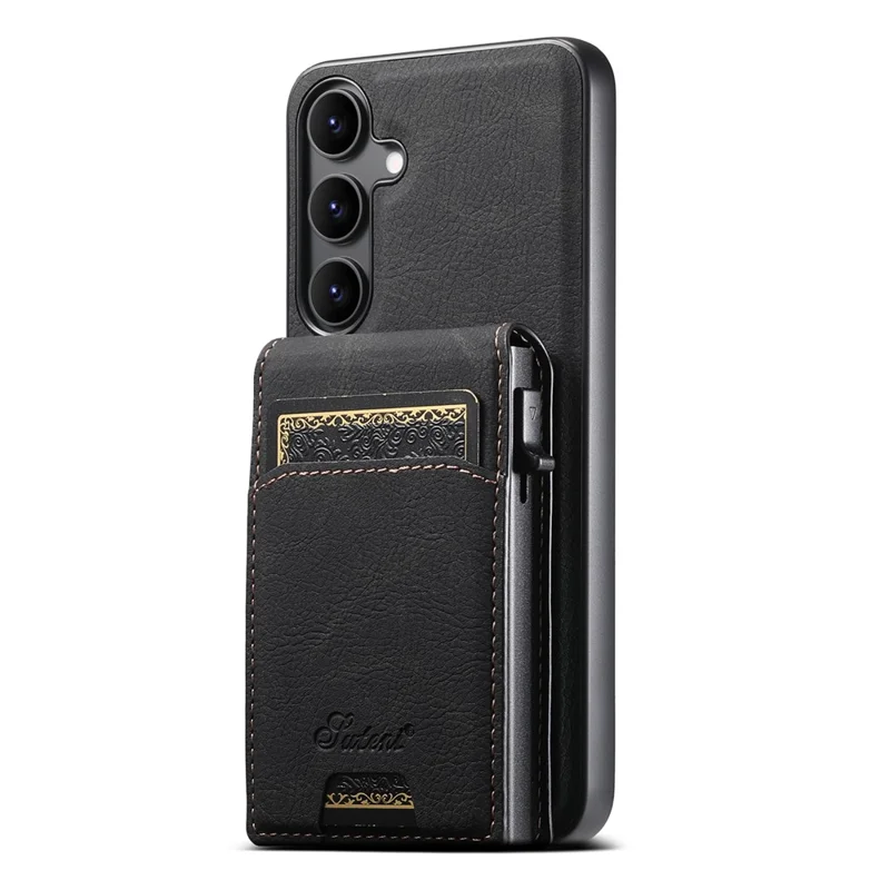 SUTENI H19 For Samsung Galaxy S24+ Magnetic Case Card Holder Kickstand Litchi Texture Leather Back Cover - Black