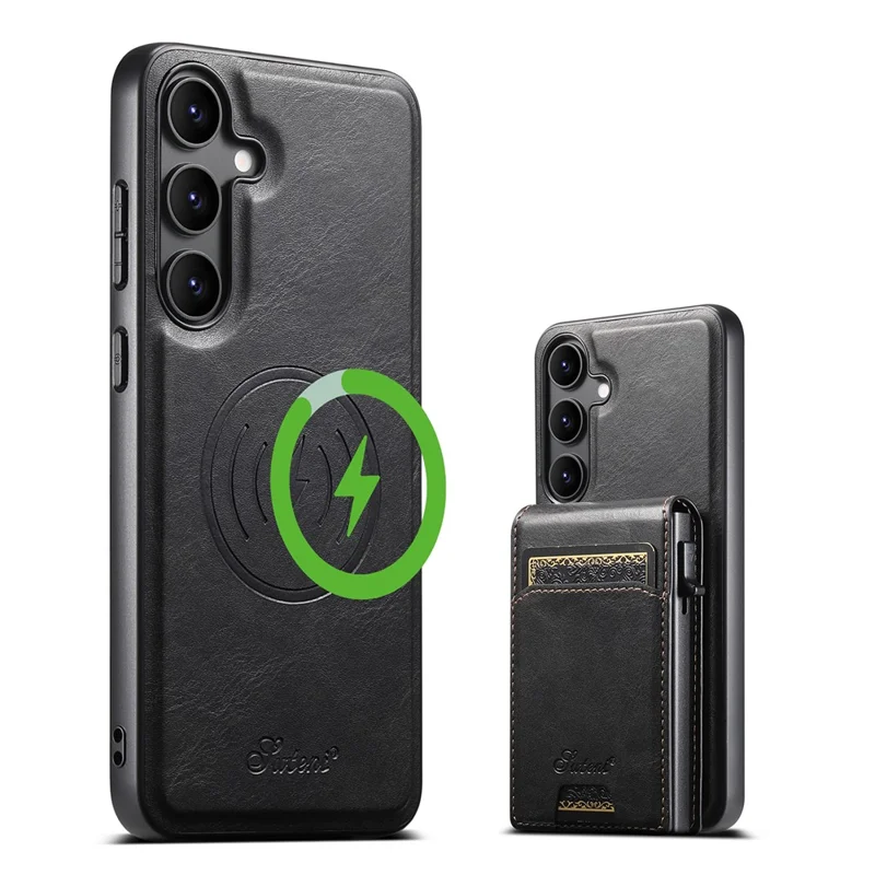 SUTENI H19 For Samsung Galaxy S25 Magnetic Case Waxy Texture Card Slots Leather Back Phone Cover - Black