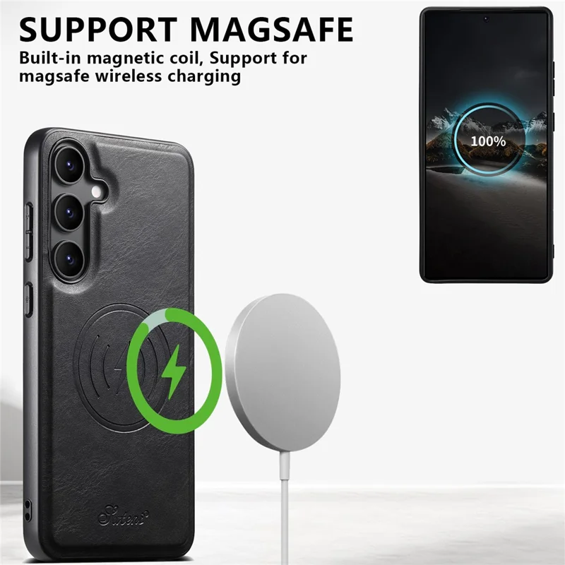 SUTENI H19 For Samsung Galaxy S25 Magnetic Case Waxy Texture Card Slots Leather Back Phone Cover - Black