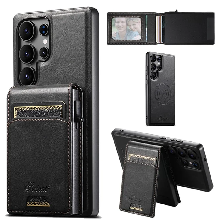SUTENI H19 pour Samsung Galaxy S24 Ultra Étui Magnétique avec Emplacements pour Cartes, Texture Effet Cuir - Noir