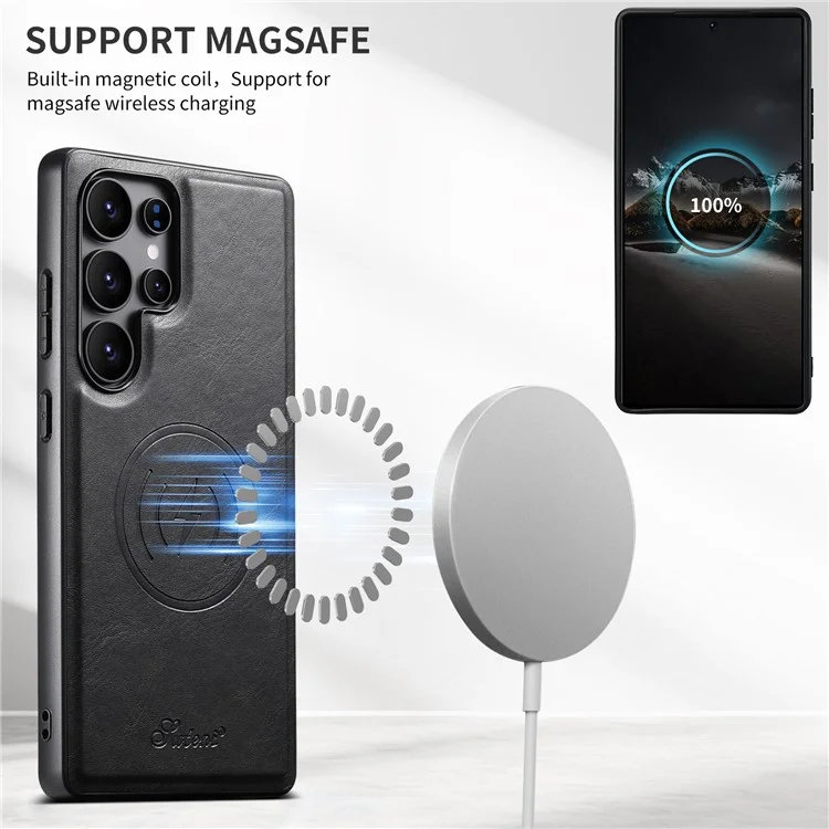SUTENI H19 pour Samsung Galaxy S24 Ultra Étui Magnétique avec Emplacements pour Cartes, Texture Effet Cuir - Noir