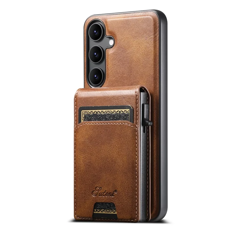 SUTENI H19 For Samsung Galaxy S24+ Magnetic Case Waxy Texture Card Slots Leather Back Phone Cover - Brown