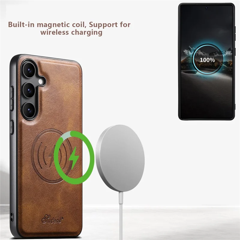 SUTENI H19 For Samsung Galaxy S24+ Magnetic Case Waxy Texture Card Slots Leather Back Phone Cover - Brown