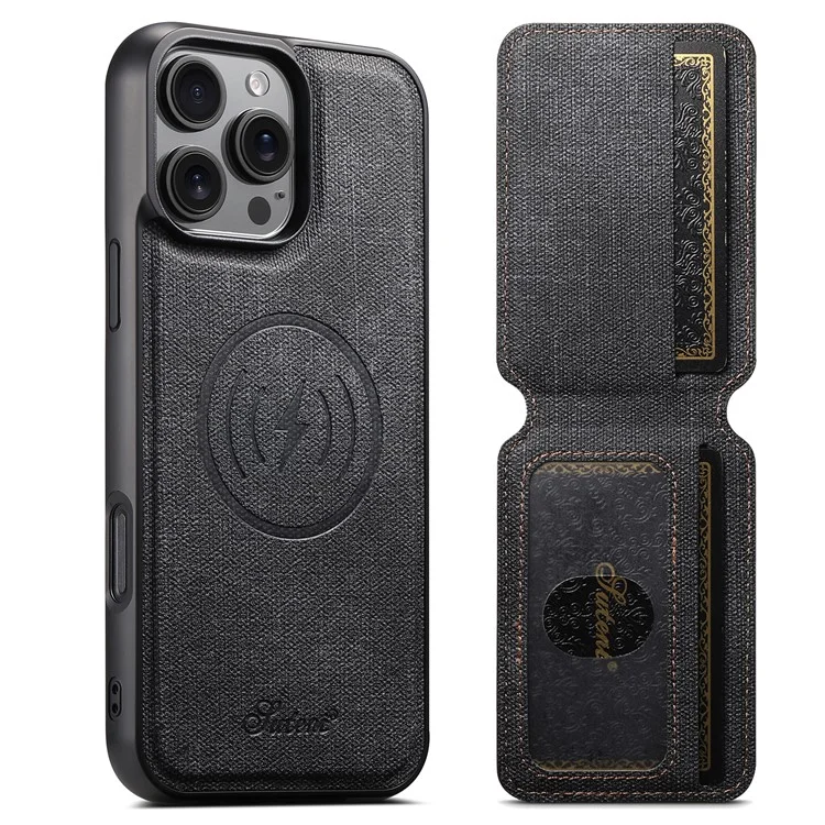 SUTENI H18 For iPhone 16 Pro Magnetic Case Jeans Cloth Texture Leather Back Cover with Card Bag - Black