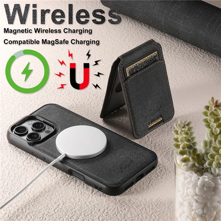 SUTENI H18 For iPhone 16 Pro Magnetic Case Jeans Cloth Texture Leather Back Cover with Card Bag - Black