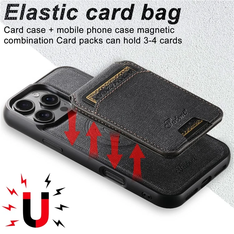 SUTENI H18 For iPhone 16 Pro Magnetic Case Jeans Cloth Texture Leather Back Cover with Card Bag - Black