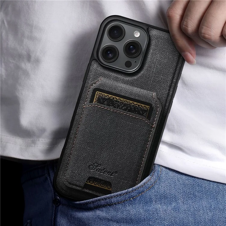 SUTENI H18 For iPhone 16 Pro Magnetic Case Jeans Cloth Texture Leather Back Cover with Card Bag - Black