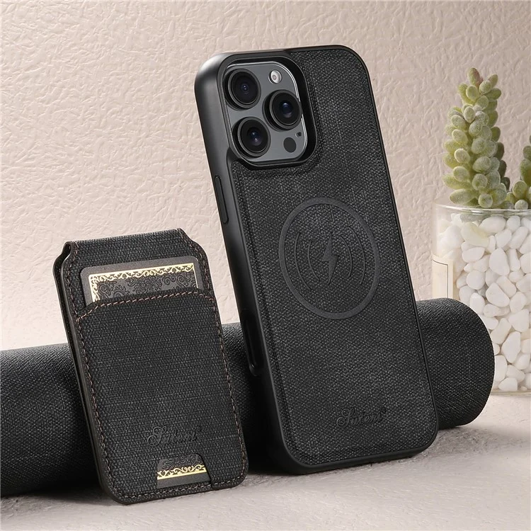 SUTENI H18 For iPhone 16 Pro Magnetic Case Jeans Cloth Texture Leather Back Cover with Card Bag - Black