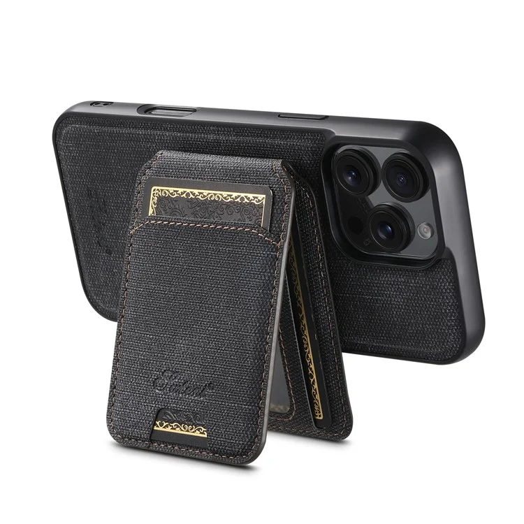 SUTENI H18 For iPhone 16 Pro Magnetic Case Jeans Cloth Texture Leather Back Cover with Card Bag - Black