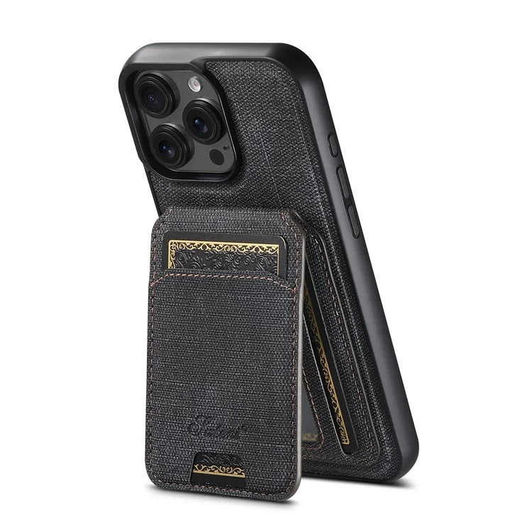 SUTENI H18 For iPhone 16 Pro Magnetic Case Jeans Cloth Texture Leather Back Cover with Card Bag - Black