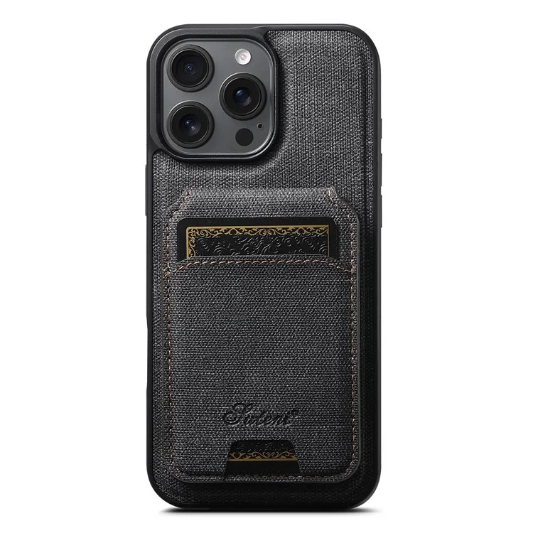 SUTENI H18 For iPhone 16 Pro Magnetic Case Jeans Cloth Texture Leather Back Cover with Card Bag - Black