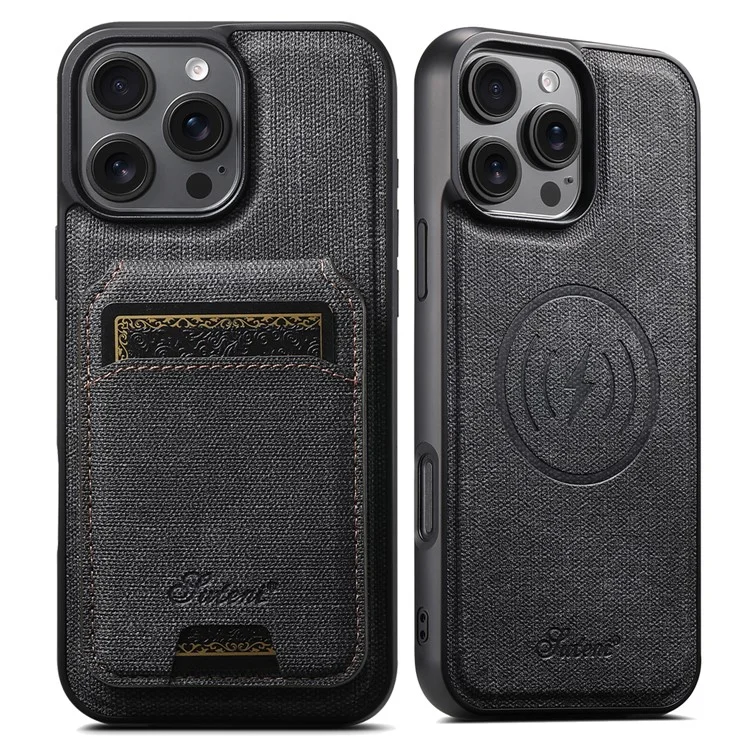 SUTENI H18 For iPhone 16 Pro Magnetic Case Jeans Cloth Texture Leather Back Cover with Card Bag - Black