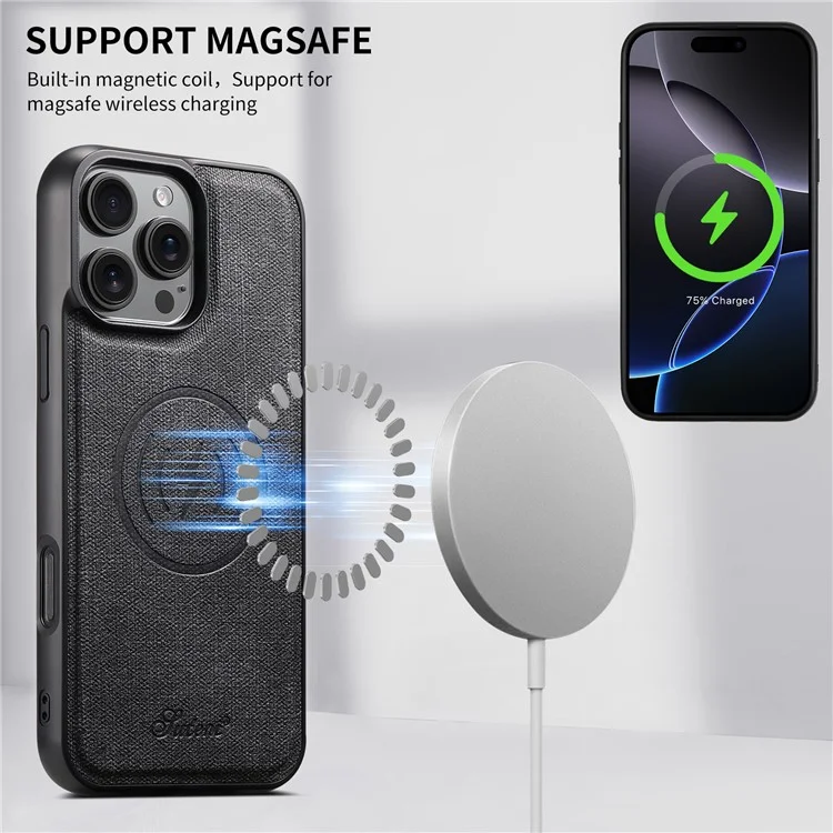 SUTENI H18 For iPhone 16 Pro Magnetic Case Jeans Cloth Texture Leather Back Cover with Card Bag - Black