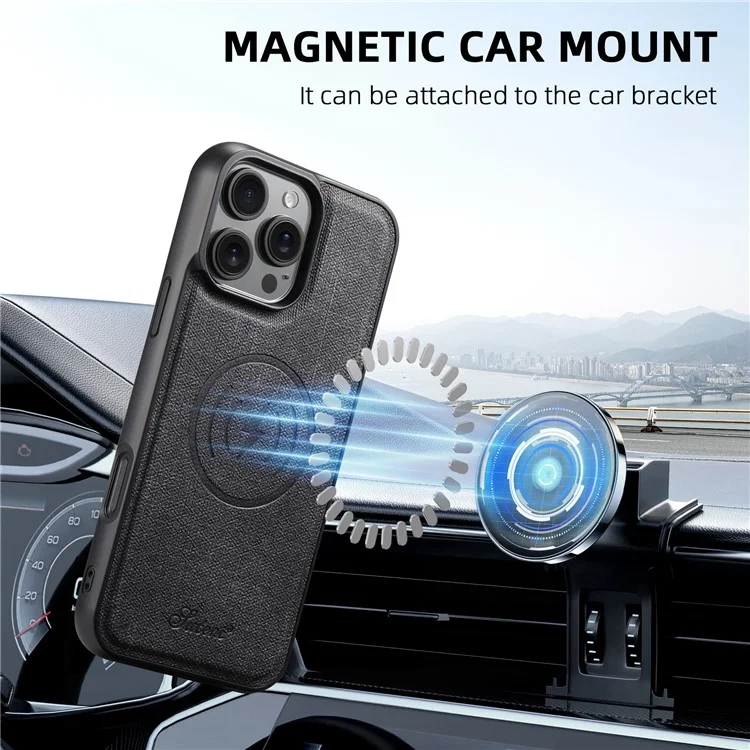 SUTENI H18 For iPhone 16 Pro Magnetic Case Jeans Cloth Texture Leather Back Cover with Card Bag - Black