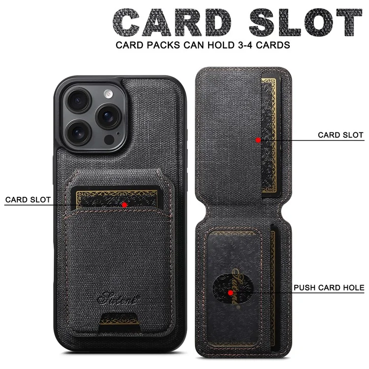 SUTENI H18 For iPhone 16 Pro Magnetic Case Jeans Cloth Texture Leather Back Cover with Card Bag - Black
