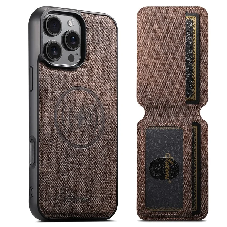 SUTENI H18 For iPhone 16 Pro Max Magnetic Case Jeans Cloth Texture Leather Back Cover with Card Bag - Brown