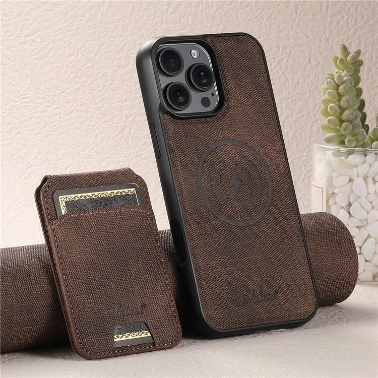 SUTENI H18 For iPhone 16 Pro Max Magnetic Case Jeans Cloth Texture Leather Back Cover with Card Bag - Brown