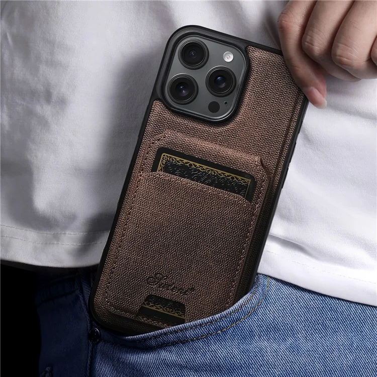 SUTENI H18 For iPhone 16 Pro Max Magnetic Case Jeans Cloth Texture Leather Back Cover with Card Bag - Brown