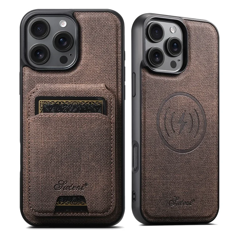 SUTENI H18 For iPhone 16 Pro Max Magnetic Case Jeans Cloth Texture Leather Back Cover with Card Bag - Brown