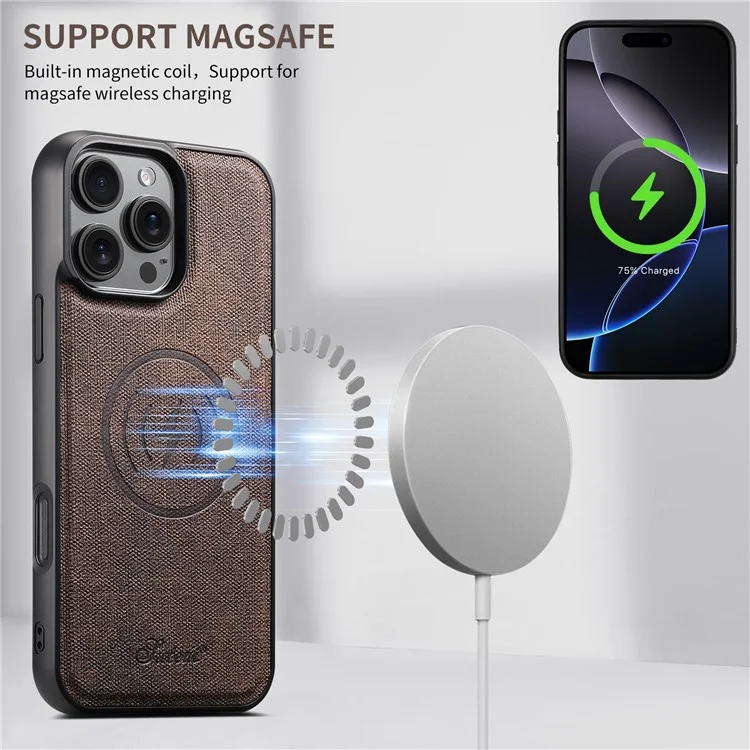 SUTENI H18 For iPhone 16 Pro Max Magnetic Case Jeans Cloth Texture Leather Back Cover with Card Bag - Brown