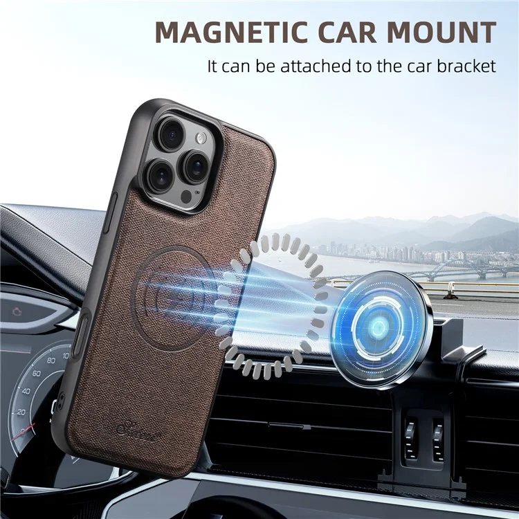 SUTENI H18 For iPhone 16 Pro Max Magnetic Case Jeans Cloth Texture Leather Back Cover with Card Bag - Brown