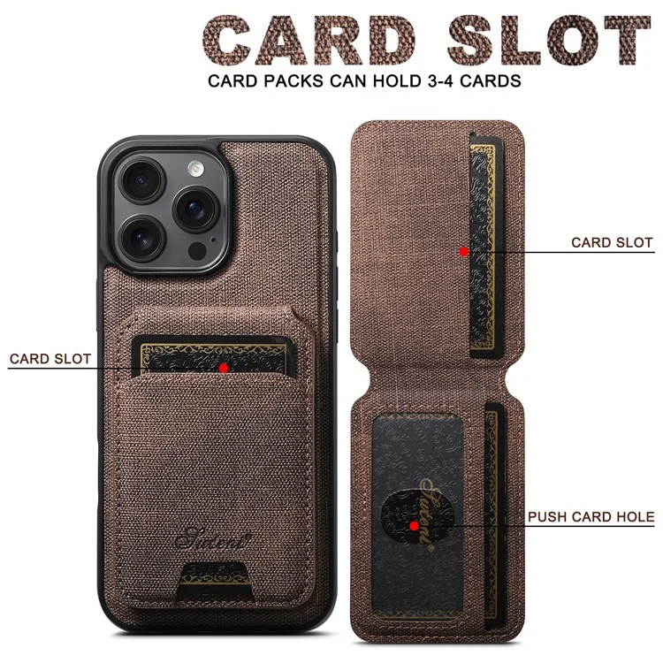 SUTENI H18 For iPhone 16 Pro Max Magnetic Case Jeans Cloth Texture Leather Back Cover with Card Bag - Brown