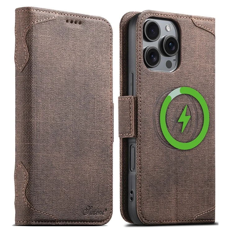 SUTENI J07 Чехол для iPhone 16 Pro, совместимый с MagSafe, кожаный бумажник с текстурой личи - коричневый