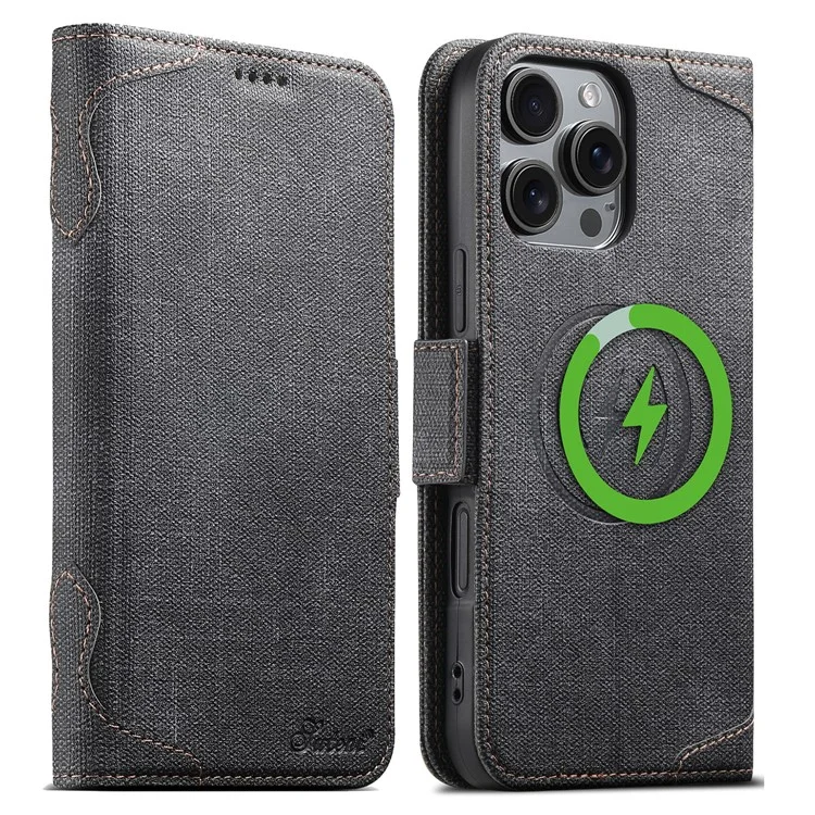 SUTENI J07 Hülle für iPhone 16 Pro Max, kompatibel mit MagSafe, Lederhülle mit Litschi-Textur und Geldbörse - Schwarz