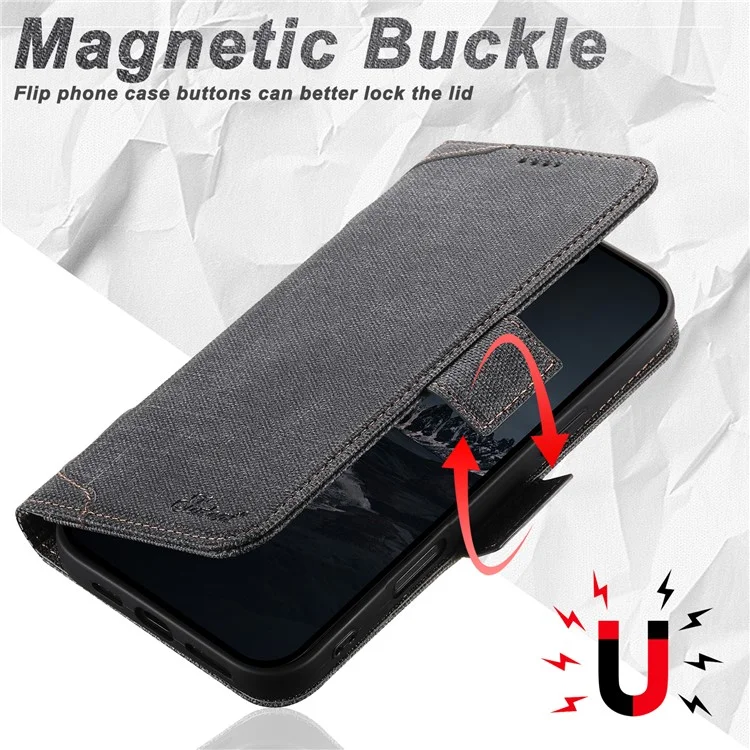 SUTENI J07 Hülle für iPhone 16 Pro Max, kompatibel mit MagSafe, Lederhülle mit Litschi-Textur und Geldbörse - Schwarz