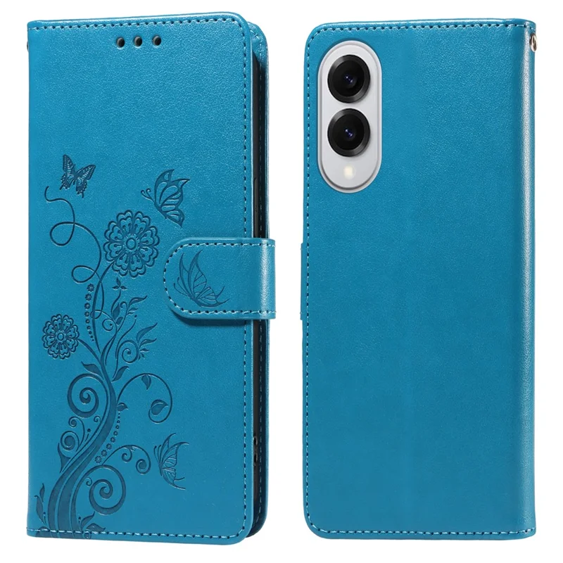 For Samsung Galaxy S25 Edge Phone Case Wallet Stand Butterfly Floral Imprint Leather Cover - Blue