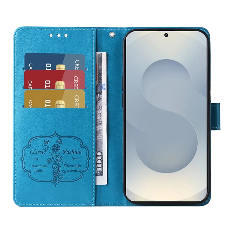 For Samsung Galaxy S25 Edge Phone Case Wallet Stand Butterfly Floral Imprint Leather Cover - Blue