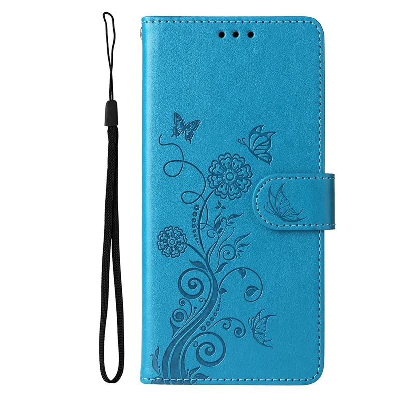 For Samsung Galaxy S25 Edge Phone Case Wallet Stand Butterfly Floral Imprint Leather Cover - Blue