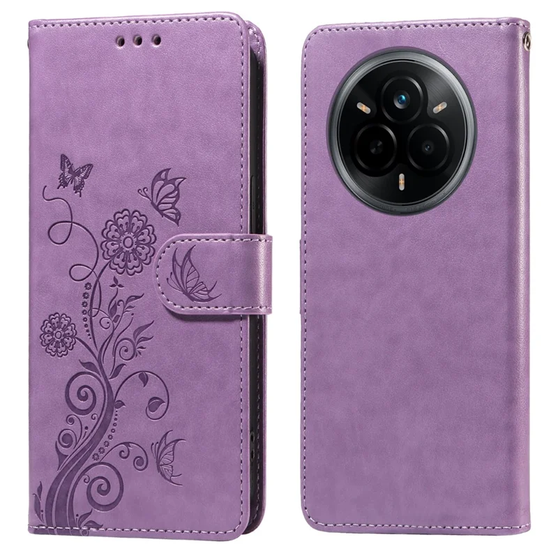 For Realme 14 Pro 5G Leather Case Butterfly Floral Imprint Wallet Stand Cover - Purple