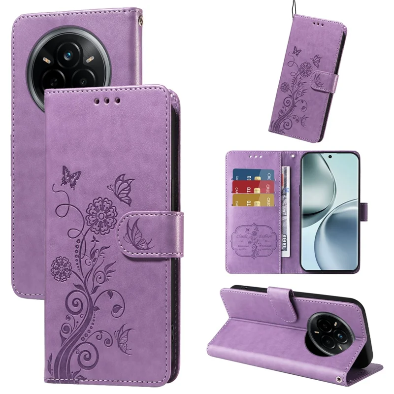 For Realme 14 Pro 5G Leather Case Butterfly Floral Imprint Wallet Stand Cover - Purple