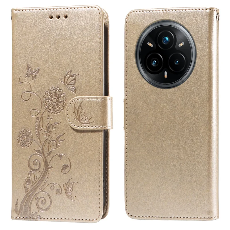 For Realme 14 Pro+ 5G Case Butterfly Floral Imprint Wallet Stand Leather Phone Cover - Gold