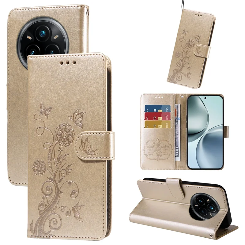 For Realme 14 Pro+ 5G Case Butterfly Floral Imprint Wallet Stand Leather Phone Cover - Gold