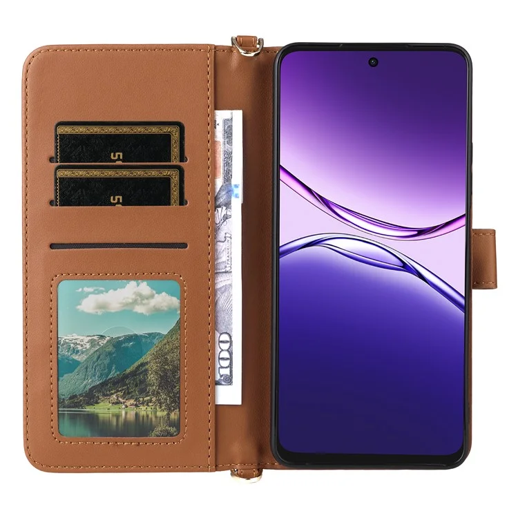Чехол для Oppo A5 Pro 5G с ремешком через плечо, кошелек, кожаная обложка для телефона - коричневый