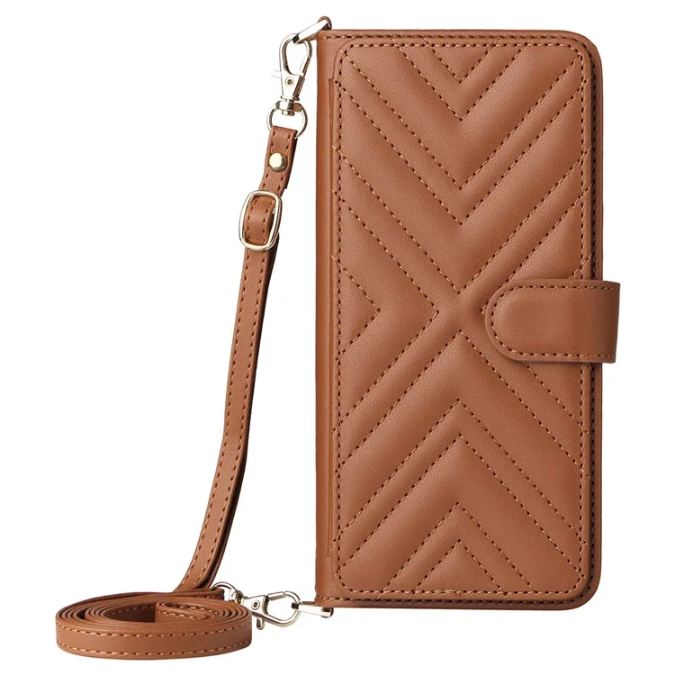 For iPhone 16e Wallet Case with Shoulder / Wrist Strap Leather Phone Cover Stand - Brown