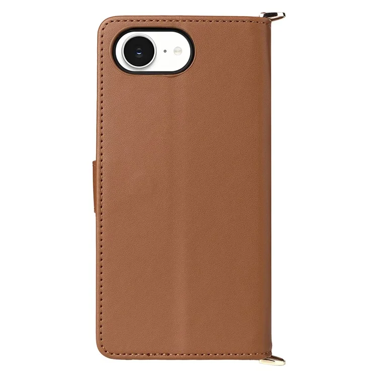 For iPhone 16e Wallet Case with Shoulder / Wrist Strap Leather Phone Cover Stand - Brown